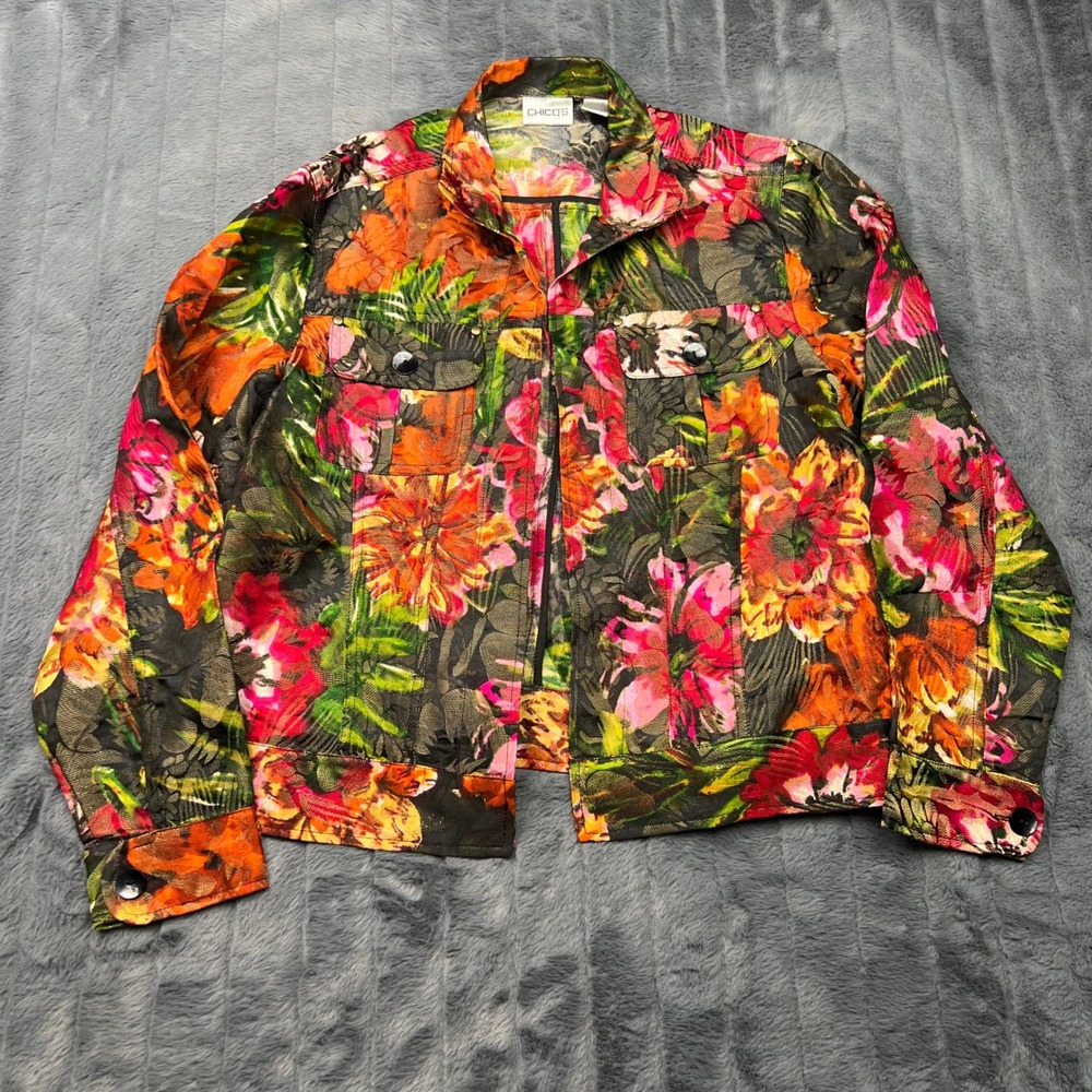 Chico's Silk Blend Floral Metallic Jacket Size 1 Multicolor Botanical Button Up